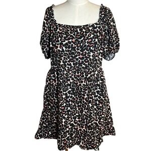 Who What Wear Leopard Square Neck Puff Sleeve Linen Blend Dress Size Large‎